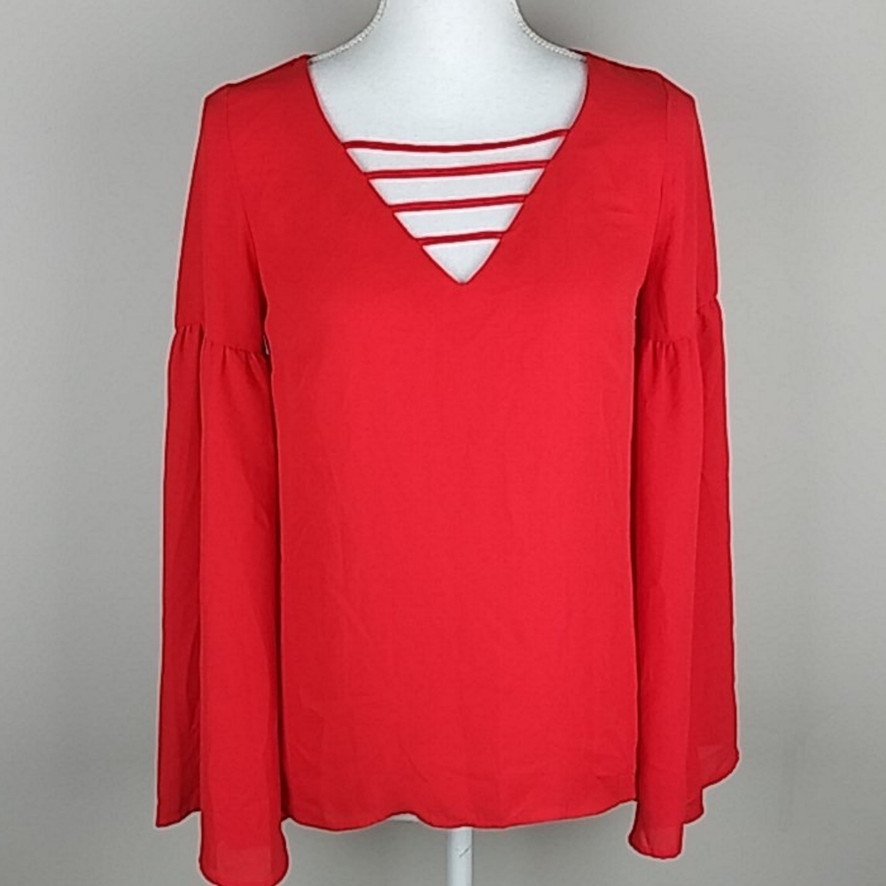 Belle Sky bright red sheer bell sleeve blouse